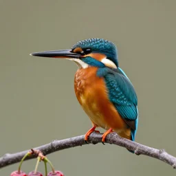 a kingfisher sitting on a cherry playing the flute