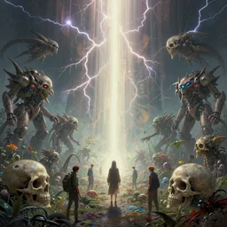 ambient occlusion render metaphysical scifi cosmic skullpunk creatures tending to the ethereal plane mecha garden by beksinski, art by artgerm, wlop, loish, ilya kuvshinov, muted vaporwave ombre, leading lines, fractal lightning, lichtenberg figures, vanishing point, volumetric lighting, god rays