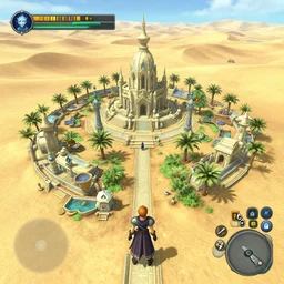 an isolated inhabited religious warrior village with pale colored spiritual sacred alien architecture in the lush oasis of a vast hot sand desert, 3 rd person action adventure rpg, screenshot, gameplay, walkthrough, final fantasy, ffx, ff 8, chrono trigger, square enix, jrpg, cutscene, unreal engine, 4 k, rtx, next gen, tech demo