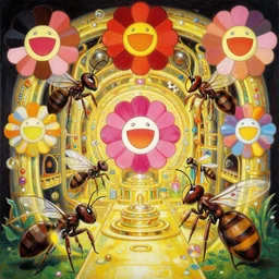 painting of ant queen's opulent lair, by Takashi Murakami