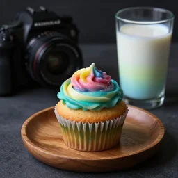 dslr food photography of a rainbow coloured cupcake, on a wooden plate, with rainbow coloured creme topping and a glass of rainbow coloured milk on the side, don ´ t forget the glitter, macro shot, hasselblad, 1 0 0 mm f 1. 8, dimmed lightning