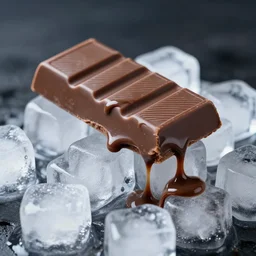 chocolate bar melting on ice cubes, 33mm photograph