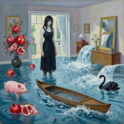 painting of flood waters inside an apartment, tall female emo art student, a river flooding indoors, pomegranates, pigs, ikebana, water, river, rapids, waterfall, black swans, canoe, berries dripping, acrylic on canvas, surrealist, by magritte and monet