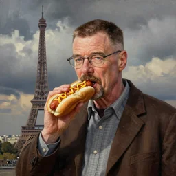 painting ofWalter white eating a hotdog in front of the Eiffel tower