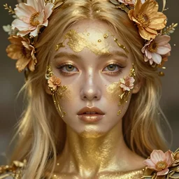 a stunning ultra detailed fantasy fine art portrait photo of goddess of heaven with glossy golden skin, by tom bagshaw and natalie shau, 3 5 mm lens, golden ratio composition, deep depth of field, perfect eyes and face, flowery implants, flowerpunk, soft lighting, artstation, 8 k