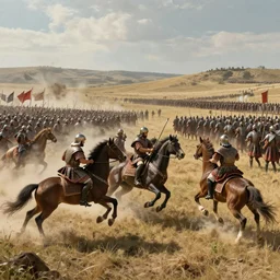 a battlefield scene of persian cavalry charging on horseback to attack a greek army defending in phalanx formation, mid action shot cinematic artwork of a battle scene by greg rutowski, masterpiece, 4 k