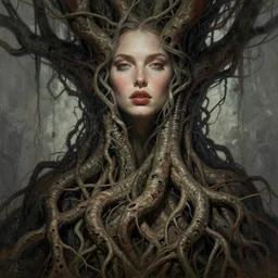 an epic highly detailed illustration of a gorgeous woman's face on top of a massive intertwining tree root system for her body, in the style of greg rutkowski and drew struzan and algernon blackwood, realistic digital painting, muted colors, brutalist futuristic, fashion lighting
