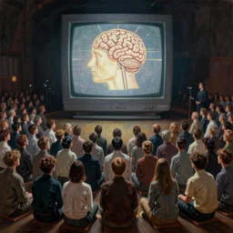 a painting of hundreds of people sitting down being brainwashed by a giant crt television