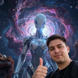 close offset portrait with subject in bottom right corner looking at viewer. giving a thumbs up to the camera. smartphone photo. instagram. interdimensional cosmic traveler takes a selfie in front of a bizarre exotic anomaly. futuristic alien smooth exosuit designed by. octane cg render, hdr, volumetric. artgerm, beeple.