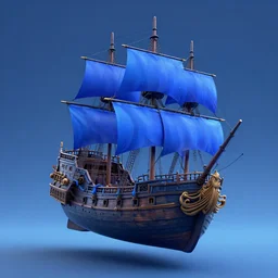 matte painting of floating pirate ship, blackbeard's queen anne's revenge. blue. magic.