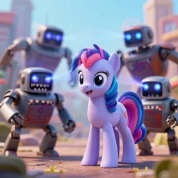 my little pony as real pony evil robots with big teeth, and laser eyes, invading the city zoo, digital art, realistic, octane render, professional, high quality, dof, bokeh, action, fight club
