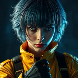 photorealistic portrait of ghost in a shell, scarlet johansson, ready to fight, goth punk, vibrant yellow, blue, colors, surreal, a french baroque by by alexander mcqueen, hyper detailed, very detailed, photograph, cinematic lighting