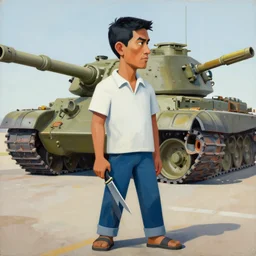 greg manchess portrait of a filipino man holding a blade standing in front of a tank, asymmetrical, profile picture, organic painting, sunny day, matte painting, bold shapes, hard edges, street art, trending on artstation, by huang guangjian, gil elvgren, ruan jia, randy vargas, greg rutkowski