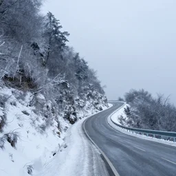 a windy highway route on an icy snowy cliff, photo
