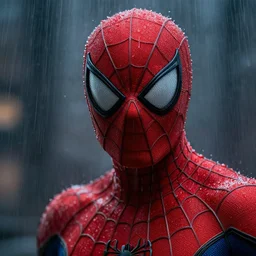Peter Parker as Spiderman , wet face , heavy rain ,dramatic, intricate, highly detailed, concept art, smooth, sharp focus, illustration, Unreal Engine 5, 8K