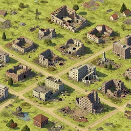 destroyed battlefield, various buildings, isometric view, artstation, digital art
