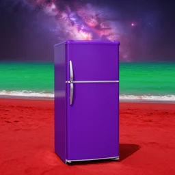 purple refrigerator, red beach, green ocean, nebula sunset