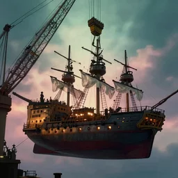 a film still from elysium by ian mcque - pirate ship lowered by a crane, medium shot, waist up, bloom, dramatic lighting, behance, game environment design, artstation, deviant art,
