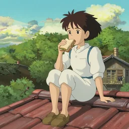 a girl sitting on the roof of a house eating a sandwich, art by hayao miyazaki, studio ghibli film