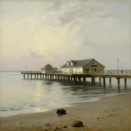 scheveningen pier, the netherlands in the style of hudson river school of art, oil on canvas