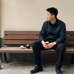 a man sitting on long chair next to tea
