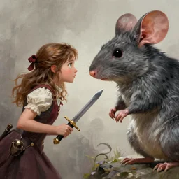 katniss everdeen facing a giant mouse, holding a sword, digital painting, greg rutkowski, artstation