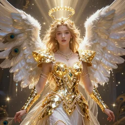beautiful angel with peacock feathers and golden diamond armor, shining light, perls, god rays by Karol Bak, Ayami Kojima, Amano