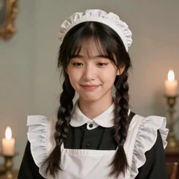 a (sadly) (((smiling)))) black haired, young hungarian servantmaid from the 19th century who looks very similar to ((Lee Young Ae)) with a two french braids, detailed, soft focus, candle light, pastel, character concept art by Itō Jakuchu, Csók István,  John Everett Millais, Henry Meynell Rheam, Munkácsy, Csók István, and da Vinci