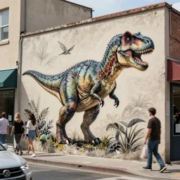The transition into the real world of a dinosaur that is emerging out of an street art work onto a busy street, drawn dinosaur on the wall, ultra detailed, unreal engine, octane render - n 6