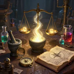 cluttered, table, wizards laboratory, greg rutkowski, mortar, pestle, glowing powder, compass, balance, stream of flowing light, thick book of spells, beakers of colored liquid, tony sart