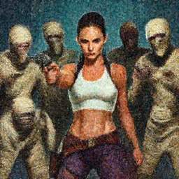portrait of very muscled Mila Kunis as Lara Croft with pistols drawn hiding from a few scary creepy mummies, elegant, highly detailed, centered, digital painting, artstation, concept art, artgerm, donato giancola, Joseph Christian Leyendecker, WLOP, Boris Vallejo, Artgerm