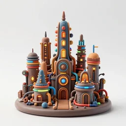 a glossy claymodel of a steampunk aztec futuristic city, a city made of wires and multicolored glowing tubes, multicolored led screen, 8 k, front shot, symetrical, flourescent colors, halluzinogenic, multicolored, insanely detailed, 3 d render, octane