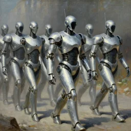 marching futuristic silver robots, detailed painting, epic lighting, by ilya repin, phil hale and kent williams