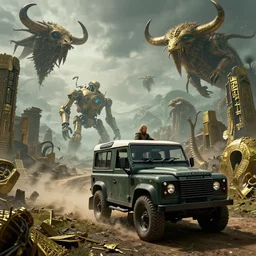Land Rover Defender 110 (1985), The Elder Scrolls III: Morrowind, dwemer Akulakhan robot in the distance, ancient brass dwemer ruins, brass debris, an epic fantasy, dramatic lighting, cinematic, establishing shot, extremely high detail, photorealistic, cinematic lighting, artstation, by simon stalenhag, the Nerevarine drives across Morrowind, strange flora, strange fauna, Bull Netch floating around, Morrowind fauna prominent across the landscape