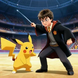 Harry Potter(2001) as a Pokemon trainer calling out his best pokemon to fight, inside a Pokéstadium arena, in the style of Pokemon the Movie(2000)
