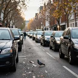 Wide shot of a London street full of cars in the afternoon, a pigeon as just been hit, plenty of feathers in the air, autumn
