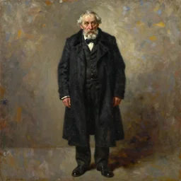 full body portrait of an old stooped manservant old servitor with floor length black coat, painting by james guthrie, oil on canvas, wet - on - wet technique, realistic, expressive emotions, intricate textures, illusionistic detail
