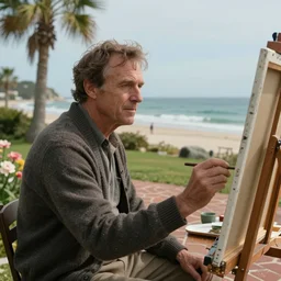 a cinematic extreme close - up of ( ( ( middle aged man wearing a cardigan sitting at a painting easel in his beachside backyard, palm trees and flowers, brick patio, overlooking the ocean ) ) ), fantasy art, highly detailed matte painting, telephoto lens 2 0 0 mm, in the style of mary anning