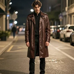 Professional full body portrait of a tall young man in a street at night. He is wearing a leather coat and he looks very tired and nervous. 4K, dramatic lighting