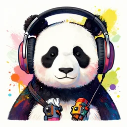 colorful illustration of panda in headphones, colorful splatters, by andy wrahol and zac retz and kezie demessance