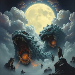 concept art of giant kaiju, japanese, lots of teeth, melting horror, round moon, rich clouds, fighting the horrors of the unknown, mirrors, very detailed, volumetric light, mist, grim, fine art, decaying, textured oil over canvas, epic fantasy art, very colorful, ornate, anato finnstark