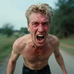 gopro footage of david lynch screaming, shirtless, red faced, angry!!!!!!! 1 furious, motion blur
