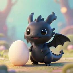 a portrait of a cute happy tiny black chibi dragon next to an egg, black eyes, artstation, by magali villeneuve, dreamworks, depth of field, beautiful lighting, pastel colors, bokeh, fantasy art