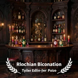 a matte painting gothic counter parlor with bottles of potions and flickering candles colorful by, tyler edlin