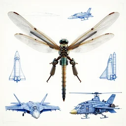 a mechanized dragonfly with wings spread out, 3 quarter view, orthographic view, top down view, bottom view, side view, blueprints, fighter jet, mecha, helicopter, space shuttle, robotic, highly detailed, artstation, super realistic, unreal engine