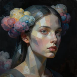 a dark sci - fi close - up portrait of a geometric woman becoming colorful puffy cartoon clouds. reflective detailed textures. gloomy lighting, black background. highly detailed fantasy science fiction painting by, moebius, norman rockwell, frank frazetta, and syd mead. high contrast. artstation