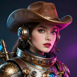 a head and shoulders portrait of a space cowboy, neon, retro, steampunk, smooth, sharp focus, intricate, artstation, detailed concept art by Marc Simonetti