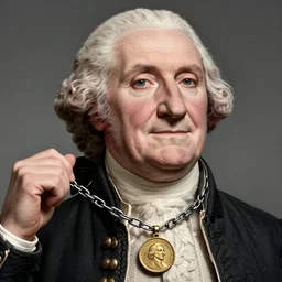 a closeup photorealistic illustration of a happy George Washington holding wearing a chain around his neck with a small gold Doubloon coin as a necklace. This 4K HD image is Trending on Artstation, featured on Behance, well-rendered, extra crisp, features intricate detail and the style of Unreal Engine.