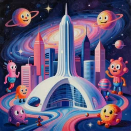 an extremely high quality hd surrealism painting of a 3d galactic neon complimentary-colored cartoon surrealism melting optically illusiony high-contrast zaha hadid futuristic city concept by kandsky and salvia dali the second, salvador dali's much much much much more talented painter cousin, clear shapes, 8k, realistic shading, ultra realistic, super realistic
