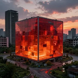highly detailed futuristic huge cube with red and orange glow, on the background brutalist architecture by Le Corbusier, abandoned buildings, empty streetscapes, surrounded by lush green vegetation, ground-level view, puddles of water, stunning volumetric lighting, sunset, trending on Artstation, 8k, photorealistic, hyper detailed, unreal engine 5, cinematic, epic lighting, cryengine, octane render, cyberpunk, dark, gloomy